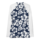 Navy Blue and White Hawaiian Print Women's Rash Guard with White Sleeves - Extremely Stoked