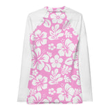 Pink and White Hawaiian Print Women's Rash Guard with White Sleeves - Extremely Stoked