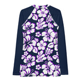 Navy Blue, Purple and White Hawaiian Print Women's Rash Guard with Navy Blue Sleeves - Extremely Stoked