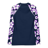 Navy Blue Women's Rash Guard Navy Blue, Purple and White Hawaiian Print Sleeves - Extremely Stoked