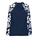 Navy Blue Women's Rash Guard with White and Navy Blue Hawaiian Print Sleeves - Extremely Stoked