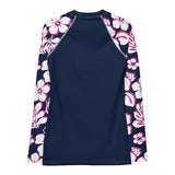 Navy Blue Women's Rash Guard with Navy Blue, Hot Pink and White Hawaiian Print Sleeves - Extremely Stoked
