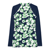 Navy Blue, Lime Green and White Hawaiian Print Women's Rash Guard with Navy Blue Sleeves - Extremely Stoked