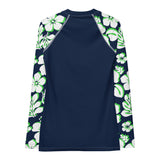 Navy Blue Women's Rash Guard Navy Blue, Lime Green and White Hawaiian Print Sleeves - Extremely Stoked