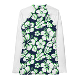 Navy Blue, Lime Green and White Hawaiian Print Women's Rash Guard with White Sleeves - Extremely Stoked