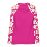 Hot Pink Women's Rash Guard with White, Hot Pink and Orange Hawaiian Print Sleeves - Extremely Stoked