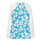 Aqua Blue and White Hawaiian Print Women's Rash Guard with White Sleeves - Extremely Stoked