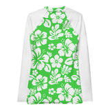 Lime Green and White Hawaiian Print Women's Rash Guard with White Sleeves