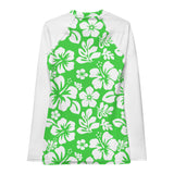 Lime Green and White Hawaiian Print Women's Rash Guard with White Sleeves - Extremely Stoked