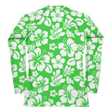 Lime Green and White Hawaiian Flowers Women's Rash Guard - Extremely Stoked