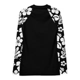 Women's Black Rash Guard with White and Black Hawaiian Print Sleeves - Extremely Stoked