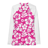 Hot Pink and White Hawaiian Flowers Women's Rash Guard with White Sleeves - Extremely Stoked