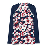 Red, White and Navy Blue Hawaiian Print Women's Rash Guard with Navy Blue Sleeves - Extremely Stoked