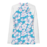 Aqua Blue, White and Pink Hawaiian Print Women's Rash Guard with White Sleeves - Extremely Stoked