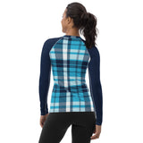 Women's Ocean Blues Preppy Plaid Rash Guard with Navy Blue Sleeves – Eco Swim Shirt by Extremely Stoked®