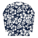 Navy Blue and White Hawaiian Flowers Women's Rash Guard - Extremely Stoked