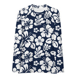 Navy Blue and White Hawaiian Flowers Women's Rash Guard - Extremely Stoked