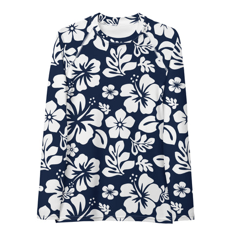 Navy Blue and White Hawaiian Flowers Women's Rash Guard - Extremely Stoked