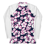 White, Hot Pink and Navy Hawaiian Print Women's Rash Guard with White Sleeves - Extremely Stoked