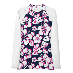 White, Hot Pink and Navy Hawaiian Print Women's Rash Guard with White Sleeves - Extremely Stoked