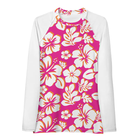 Orange, Hot Pink and White Hawaiian Print Women's Rash Guard with White Sleeves - Extremely Stoked