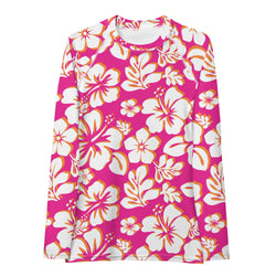 Orange, Hot Pink and White Hawaiian Print Women's Rash Guard - Extremely Stoked