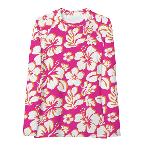 Orange, Hot Pink and White Hawaiian Print Women's Rash Guard - Extremely Stoked