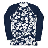 Navy Blue and White Hawaiian Print Women's Rash Guard with Navy Blue Sleeves - Extremely Stoked