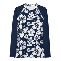 Navy Blue and White Hawaiian Print Women's Rash Guard with Navy Blue Sleeves - Extremely Stoked