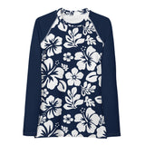 Navy Blue and White Hawaiian Print Women's Rash Guard with Navy Blue Sleeves - Extremely Stoked