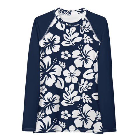 Navy Blue and White Hawaiian Print Women's Rash Guard with Navy Blue Sleeves - Extremely Stoked