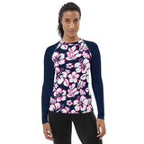 Navy Blue, Hot Pink and White Hawaiian Print Women's Rash Guard with Navy Blue Sleeves - Extremely Stoked