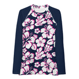 Navy Blue, Hot Pink and White Hawaiian Print Women's Rash Guard with Navy Blue Sleeves - Extremely Stoked