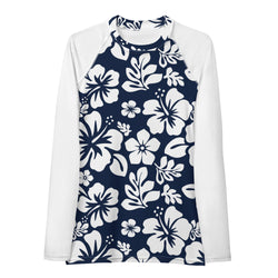 Navy Blue and White Hawaiian Print Women's Rash Guard with White Sleeves - Extremely Stoked