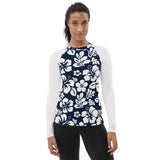 Navy Blue and White Hawaiian Print Women's Rash Guard with White Sleeves - Extremely Stoked