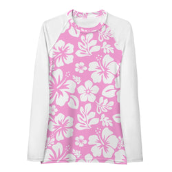 Pink and White Hawaiian Print Women's Rash Guard with White Sleeves - Extremely Stoked