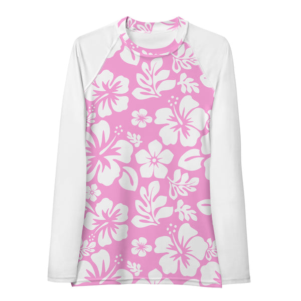 Pink and White Hawaiian Print Women's Rash Guard with White Sleeves - Extremely Stoked