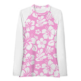 Pink and White Hawaiian Print Women's Rash Guard with White Sleeves - Extremely Stoked