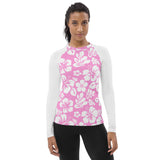 Pink and White Hawaiian Print Women's Rash Guard with White Sleeves - Extremely Stoked