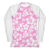 Pink and White Hawaiian Print Women's Rash Guard with White Sleeves - Extremely Stoked