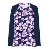 Navy Blue, Purple and White Hawaiian Print Women's Rash Guard with Navy Blue Sleeves - Extremely Stoked
