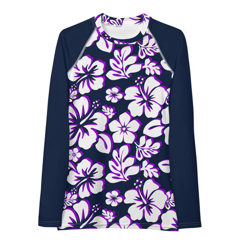 Navy Blue, Purple and White Hawaiian Print Women's Rash Guard with Navy Blue Sleeves - Extremely Stoked