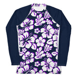 Navy Blue, Purple and White Hawaiian Print Women's Rash Guard with Navy Blue Sleeves - Extremely Stoked