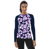 Navy Blue, Purple and White Hawaiian Print Women's Rash Guard with Navy Blue Sleeves - Extremely Stoked
