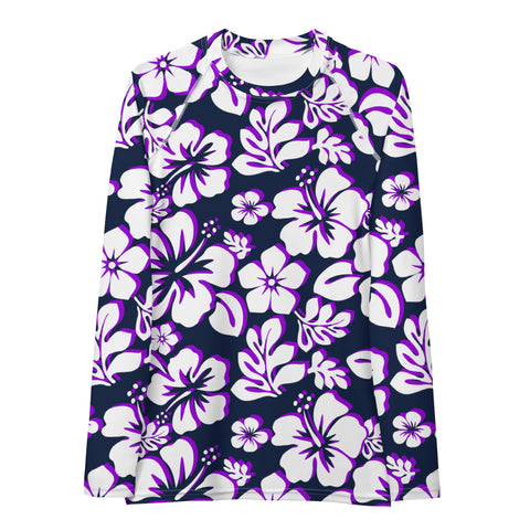 Navy Blue, Purple and White Hawaiian Print Women's Rash Guard - Extremely Stoked