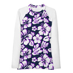 Navy Blue, Purple and White Hawaiian Print Women's Rash Guard with White Sleeves - Extremely Stoked