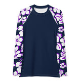 Navy Blue Women's Rash Guard Navy Blue, Purple and White Hawaiian Print Sleeves - Extremely Stoked