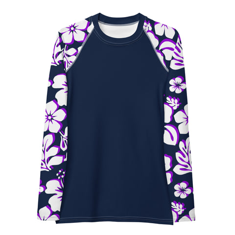 Navy Blue Women's Rash Guard Navy Blue, Purple and White Hawaiian Print Sleeves - Extremely Stoked