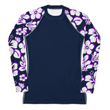 Navy Blue Women's Rash Guard Navy Blue, Purple and White Hawaiian Print Sleeves - Extremely Stoked
