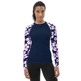Navy Blue Women's Rash Guard Navy Blue, Purple and White Hawaiian Print Sleeves - Extremely Stoked